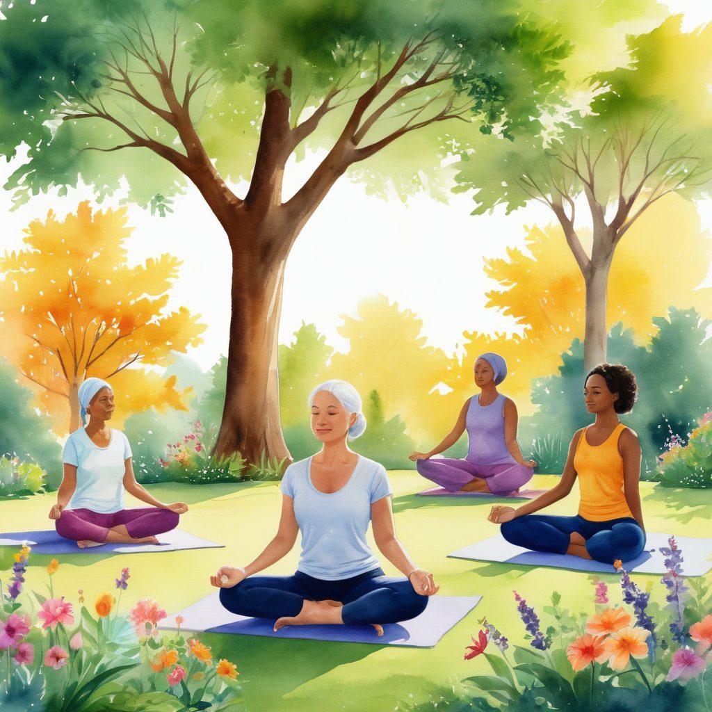 A tranquil scene depicting a diverse group of cancer survivors engaged in various holistic wellness activities, such as yoga, meditation, and gardening. Incorporate vibrant natural elements like lush greenery and colorful flowers to symbolize healing and growth. The background should include soft sunlight filtering through trees, evoking a sense of peace and empowerment. Include diverse ages and ethnicities to represent inclusivity. watercolor illustration. vibrant colors.