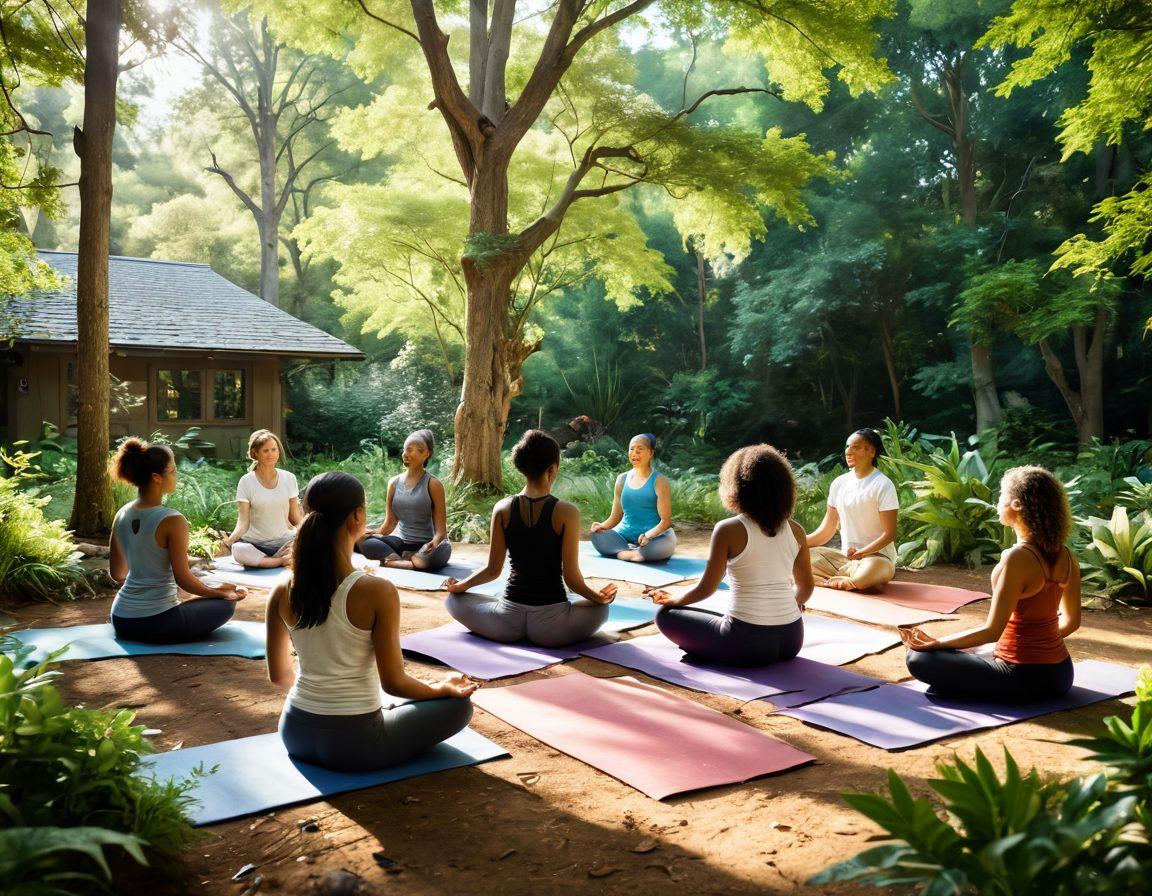 A serene scene depicting a diverse group of individuals engaged in a holistic healing workshop, surrounded by nature. Include elements like plants, calming colors, and wellness activities such as yoga, meditation, and support circles. Capture the sense of community and warmth, with soft sunlight filtering through trees. Evoke feelings of hope and compassion. vibrant colors. super-realistic.