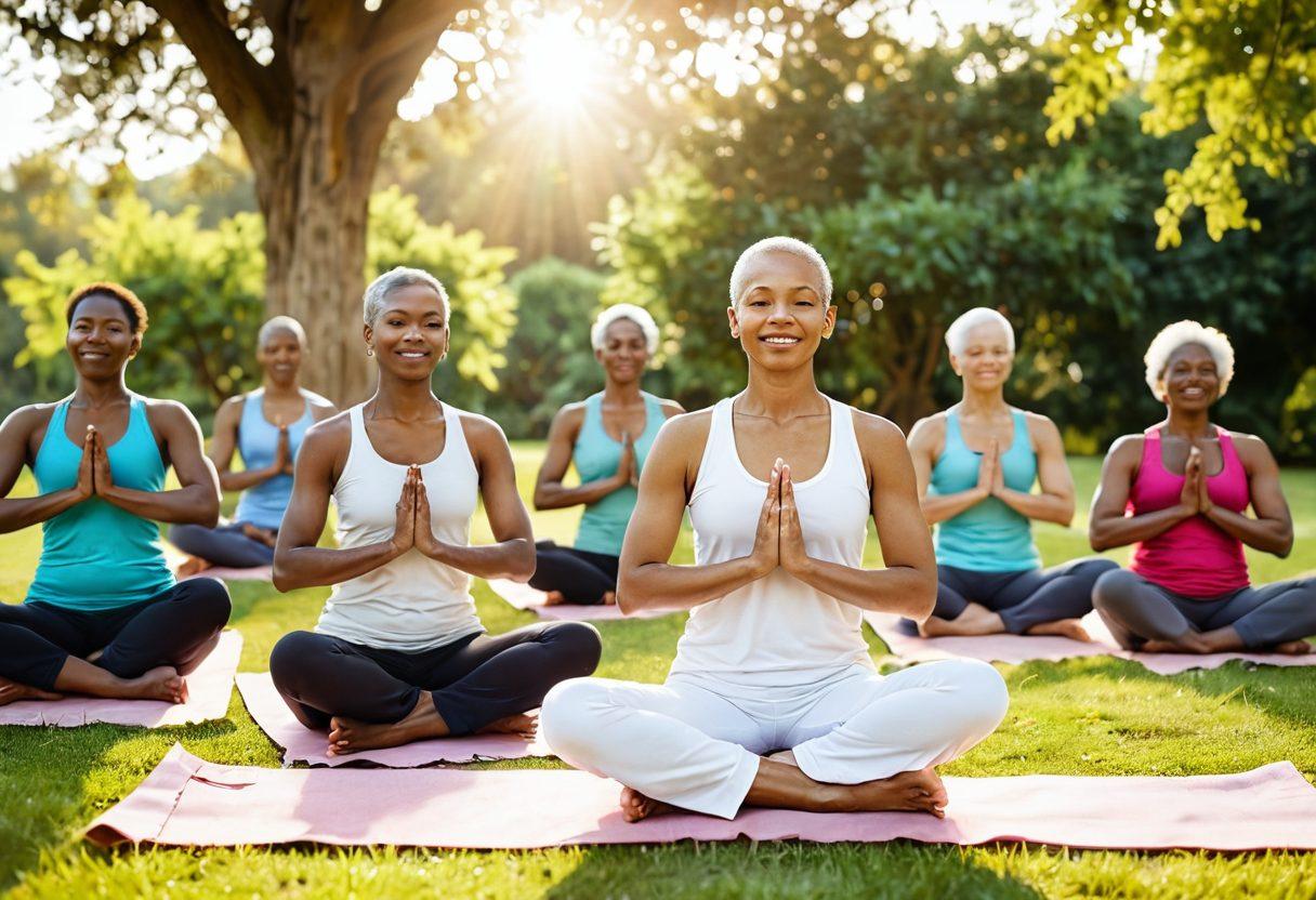 A serene image of a diverse group of cancer survivors engaging in various wellness activities, such as yoga, gardening, and sharing healthy meals, in a lush green park bathed in golden sunlight. Emphasize the expressions of joy and empowerment on their faces, representing hope and resilience. Include symbols of wellness like flowers, fruits, and supportive quotes in the background. vibrant colors. soft focus.
